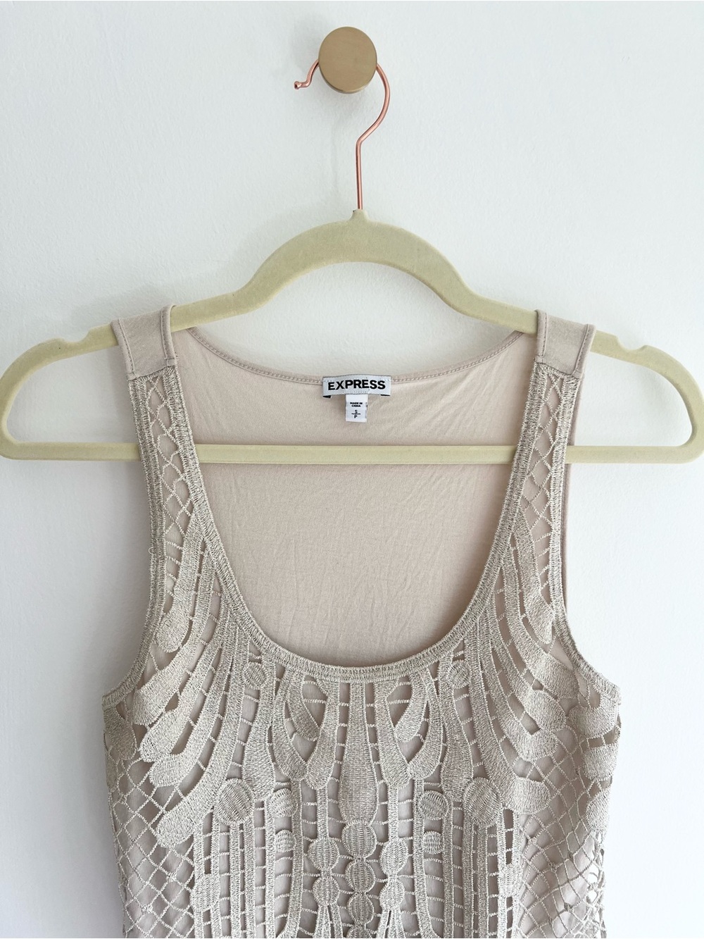 Express Beige Metallic Crochet Lace Overlay Tank Top | Women’s Small - Picture 5 of 7